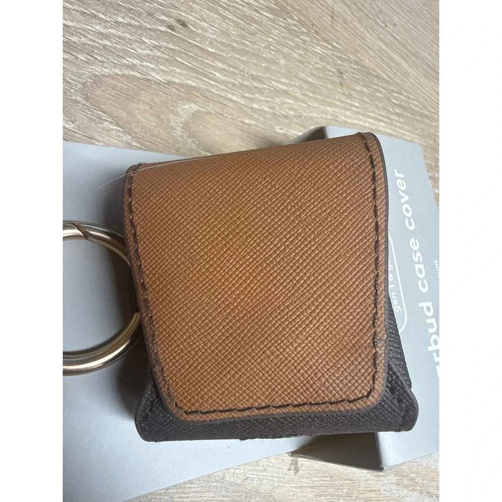 Heyday Brown Faux Leather Earbud Case Cover for AirPods Gen 1 & 2 with Carabiner
